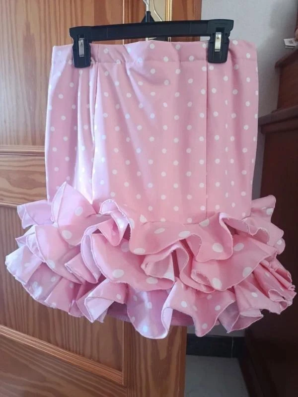 Falda de Flamenca / Gitana Rosa con Lunares + Bolso a Juego - Talla 12 años